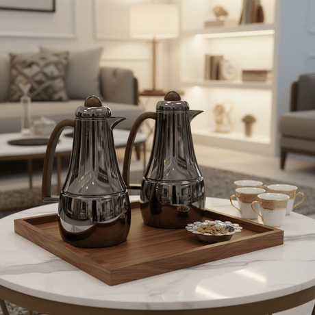 Almarjan Premium 1L + 1L Vacuum Flask Set in Black Finish with Elegant Brown Handle for Hot & Cold Beverages - Al Kabayel Discount CentreAlmarjan Premium 1L + 1L Vacuum Flask Set in Black Finish with Elegant Brown Handle for Hot & Cold BeveragesThermosALMARJANAl Kabayel Discount Centre