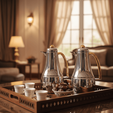 Almarjan Premium 2 - Piece Vacuum Flask Set 1L + 1L – Silver Finish with Gold Handle for Tea & Coffee - Al Kabayel Discount CentreAlmarjan Premium 2 - Piece Vacuum Flask Set 1L + 1L – Silver Finish with Gold Handle for Tea & CoffeeThermosALMARJANAl Kabayel Discount Centre