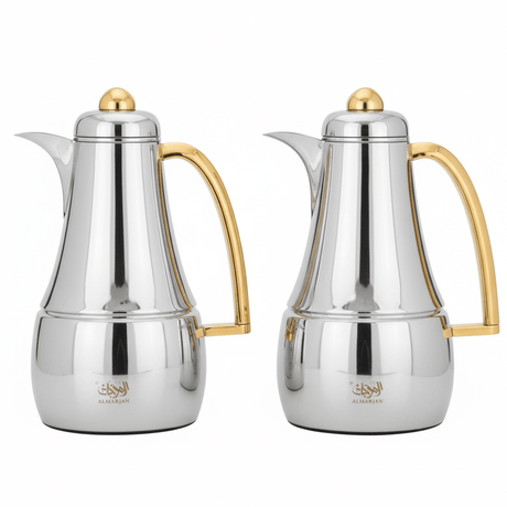 Almarjan Premium 2 - Piece Vacuum Flask Set 1L + 1L – Silver Finish with Gold Handle for Tea & Coffee - Al Kabayel Discount CentreAlmarjan Premium 2 - Piece Vacuum Flask Set 1L + 1L – Silver Finish with Gold Handle for Tea & CoffeeThermosALMARJANAl Kabayel Discount Centre