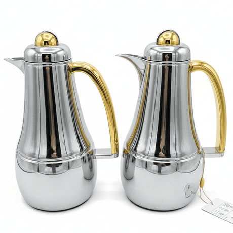 Almarjan Premium 2 - Piece Vacuum Flask Set 1L + 1L – Silver Finish with Gold Handle for Tea & Coffee - Al Kabayel Discount CentreAlmarjan Premium 2 - Piece Vacuum Flask Set 1L + 1L – Silver Finish with Gold Handle for Tea & CoffeeThermosALMARJANAl Kabayel Discount Centre