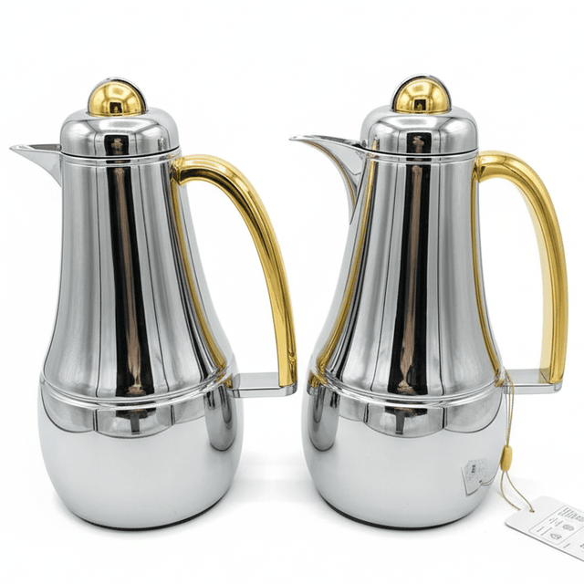 Almarjan Premium 2 - Piece Vacuum Flask Set 1L + 1L – Silver Finish with Gold Handle for Tea & Coffee - Al Kabayel Discount CentreAlmarjan Premium 2 - Piece Vacuum Flask Set 1L + 1L – Silver Finish with Gold Handle for Tea & CoffeeThermosALMARJANAl Kabayel Discount Centre
