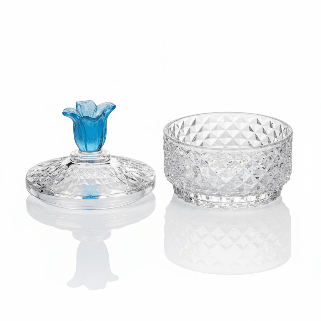 Almarjan Premium Diamond - Cut Glass Candy Bowl with Elegant Blue Floral Lid for Home Décor & Serving – 15 × 9 cm - Al Kabayel Discount CentreAlmarjan Premium Diamond - Cut Glass Candy Bowl with Elegant Blue Floral Lid for Home Décor & Serving – 15 × 9 cmJars & Food SaversALMARJANAl Kabayel Discount Centre