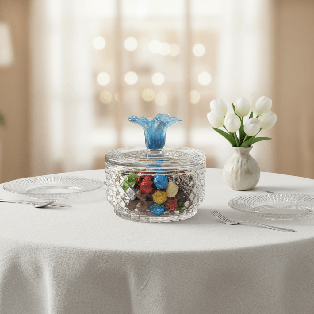 Almarjan Premium Diamond - Cut Glass Candy Bowl with Elegant Blue Floral Lid for Home Décor & Serving – 15 × 9 cm - Al Kabayel Discount CentreAlmarjan Premium Diamond - Cut Glass Candy Bowl with Elegant Blue Floral Lid for Home Décor & Serving – 15 × 9 cmJars & Food SaversALMARJANAl Kabayel Discount Centre