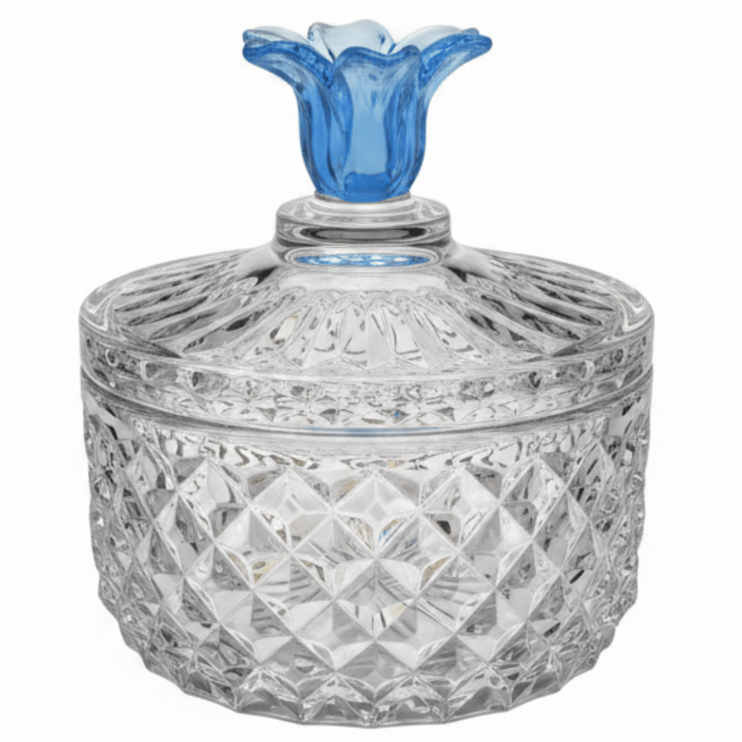 Almarjan Premium Diamond - Cut Glass Candy Bowl with Elegant Blue Floral Lid for Home Décor & Serving – 15 × 9 cm - Al Kabayel Discount CentreAlmarjan Premium Diamond - Cut Glass Candy Bowl with Elegant Blue Floral Lid for Home Décor & Serving – 15 × 9 cmJars & Food SaversALMARJANAl Kabayel Discount Centre