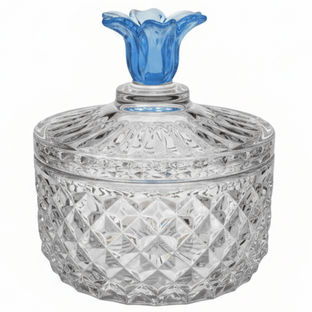 Almarjan Premium Diamond - Cut Glass Candy Bowl with Elegant Blue Floral Lid for Home Décor & Serving – 15 × 9 cm - Al Kabayel Discount CentreAlmarjan Premium Diamond - Cut Glass Candy Bowl with Elegant Blue Floral Lid for Home Décor & Serving – 15 × 9 cmJars & Food SaversALMARJANAl Kabayel Discount Centre