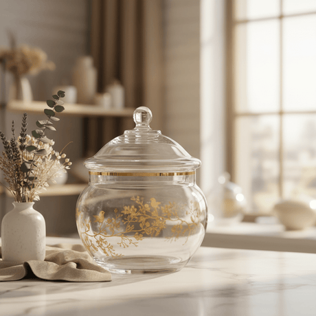 Almarjan Round Glass Candy Pot with Lid | Crystal - Clear Storage Jar | 12cm - Al Kabayel Discount CentreAlmarjan Round Glass Candy Pot with Lid | Crystal - Clear Storage Jar | 12cmJars & Food SaversALMARJANAl Kabayel Discount Centre