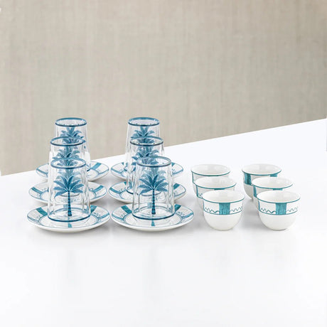 Almarjan Tea & Arabic Coffee Set 18 Pieces Glass & Porcelain White With Blue - Al Kabayel Discount CentreAlmarjan Tea & Arabic Coffee Set 18 Pieces Glass & Porcelain White With BlueTea SetsALMARJANAl Kabayel Discount Centre