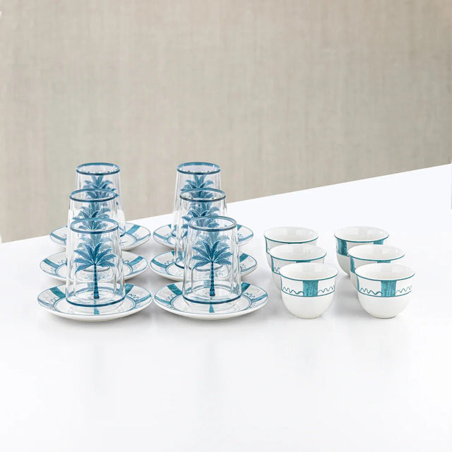 Almarjan Tea & Arabic Coffee Set 18 Pieces Glass & Porcelain White With Blue - Al Kabayel Discount CentreAlmarjan Tea & Arabic Coffee Set 18 Pieces Glass & Porcelain White With BlueTea SetsALMARJANAl Kabayel Discount Centre