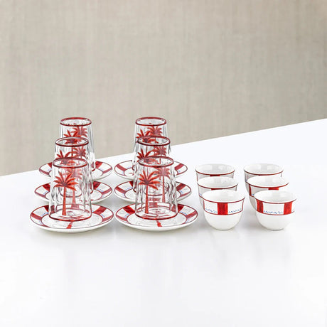 Almarjan Tea & Arabic Coffee Set 18 Pieces Glass & Porcelain White With Red - Al Kabayel Discount CentreAlmarjan Tea & Arabic Coffee Set 18 Pieces Glass & Porcelain White With RedTea SetsALMARJANAl Kabayel Discount Centre