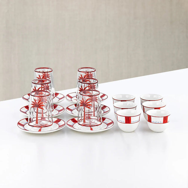 Almarjan Tea & Arabic Coffee Set 18 Pieces Glass & Porcelain White With Red - Al Kabayel Discount CentreAlmarjan Tea & Arabic Coffee Set 18 Pieces Glass & Porcelain White With RedTea SetsALMARJANAl Kabayel Discount Centre