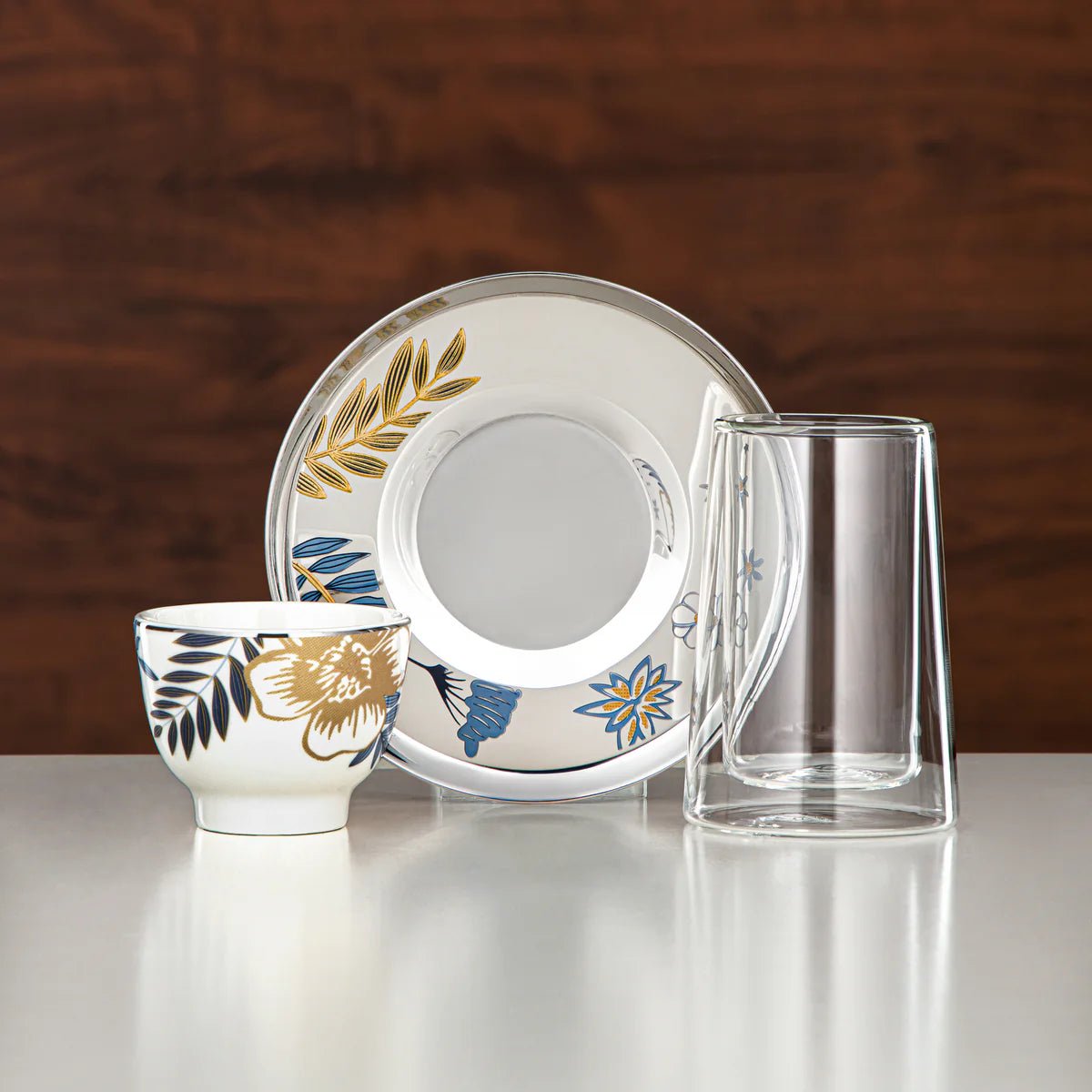 Almarjan Tea Set Double - Walled Borosilicate Glass, Stainless Steel & Porcelain 18 Pieces (18PCS - 12196 - 3) â€“ Blue Botanical Tea Collection - Al Kabayel Discount CentreAlmarjan Tea Set Double - Walled Borosilicate Glass, Stainless Steel & Porcelain 18 Pieces (18PCS - 12196 - 3) â€“ Blue Botanical Tea CollectionTea SetsALMARJANAl Kabayel Discount Centre