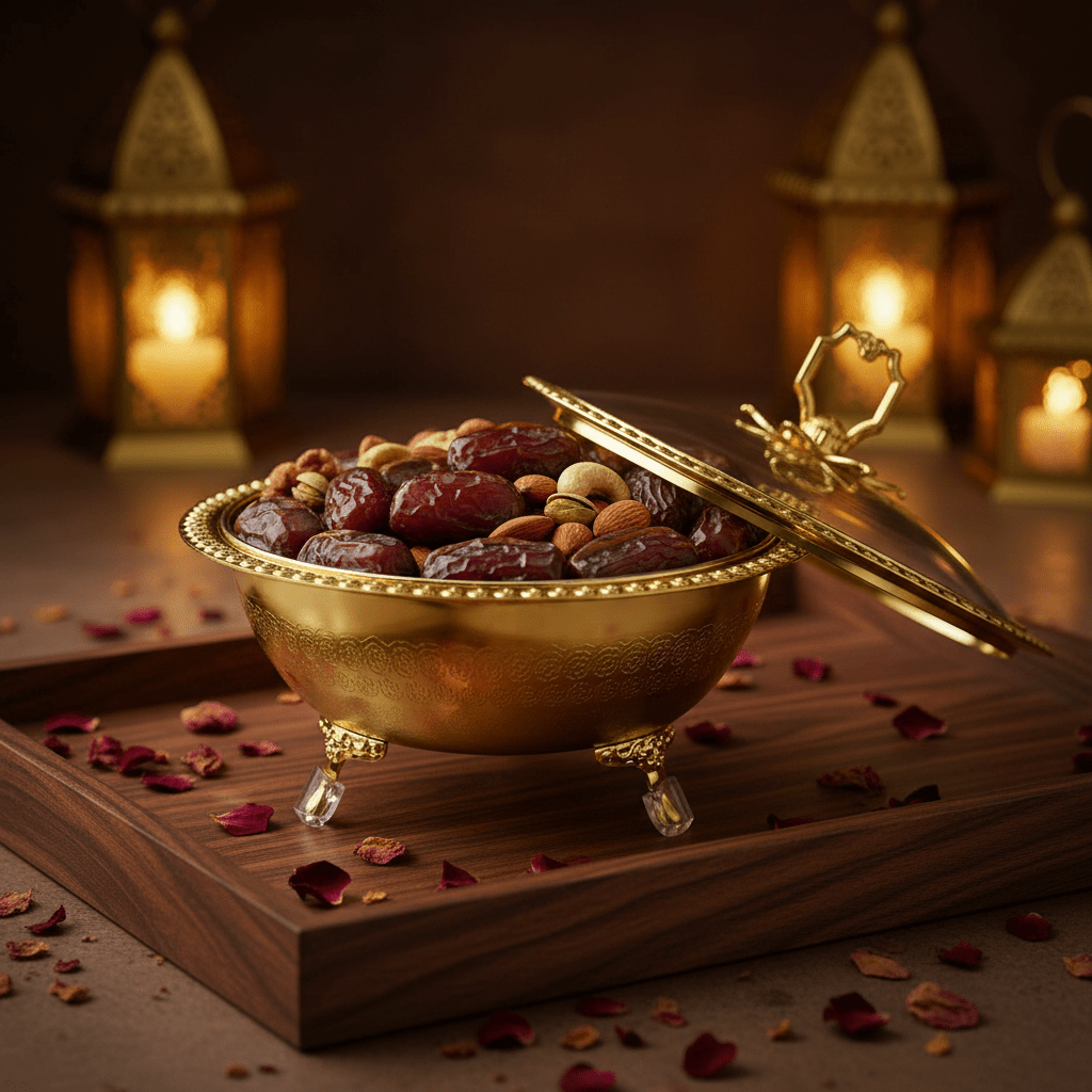 Almarjan Tinted Gold Metal Dates Bowl with Glass Lid for Modern Serving Style – 20cm - Al Kabayel Discount CentreAlmarjan Tinted Gold Metal Dates Bowl with Glass Lid for Modern Serving Style – 20cmBowlsALMARJANAl Kabayel Discount Centre
