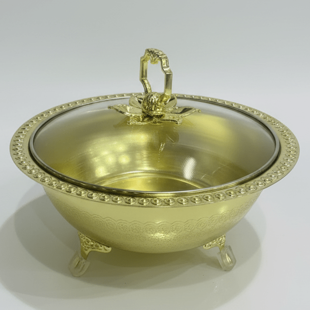 Almarjan Tinted Gold Metal Dates Bowl with Glass Lid for Modern Serving Style – 20cm - Al Kabayel Discount CentreAlmarjan Tinted Gold Metal Dates Bowl with Glass Lid for Modern Serving Style – 20cmBowlsALMARJANAl Kabayel Discount Centre