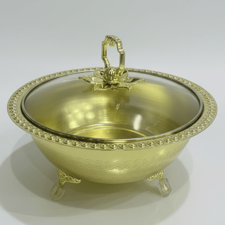 Almarjan Tinted Gold Metal Dates Bowl with Glass Lid for Modern Serving Style – 20cm - Al Kabayel Discount CentreAlmarjan Tinted Gold Metal Dates Bowl with Glass Lid for Modern Serving Style – 20cmBowlsALMARJANAl Kabayel Discount Centre