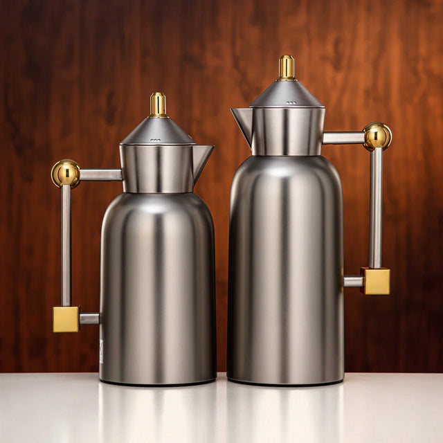 Almarjan Vacuum Flask Set 0.7L + 1L Matt Nickel & Gold - Al Kabayel Discount CentreAlmarjan Vacuum Flask Set 0.7L + 1L Matt Nickel & GoldThermosALMARJANAl Kabayel Discount Centre