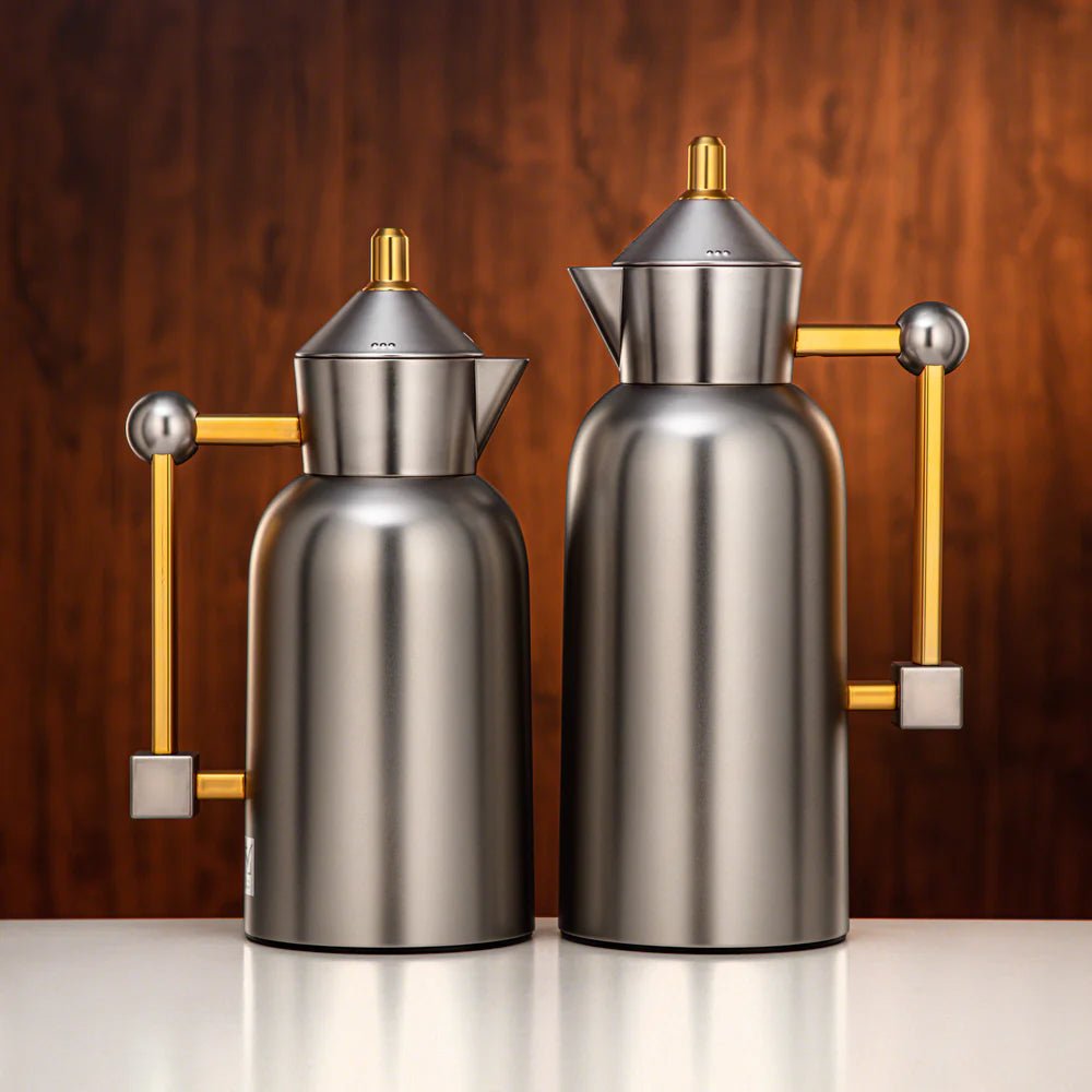 Almarjan Vacuum Flask Set 0.7L + 1L Matt Nickel & Matt Gold - Al Kabayel Discount CentreAlmarjan Vacuum Flask Set 0.7L + 1L Matt Nickel & Matt GoldThermosALMARJANAl Kabayel Discount Centre