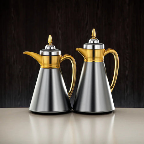 Almarjan Vacuum Flask Set 0.7L + 1L – Matte Silver & Matte Gold Dual Finish - Al Kabayel Discount CentreAlmarjan Vacuum Flask Set 0.7L + 1L – Matte Silver & Matte Gold Dual FinishThermosAKDCAl Kabayel Discount Centre