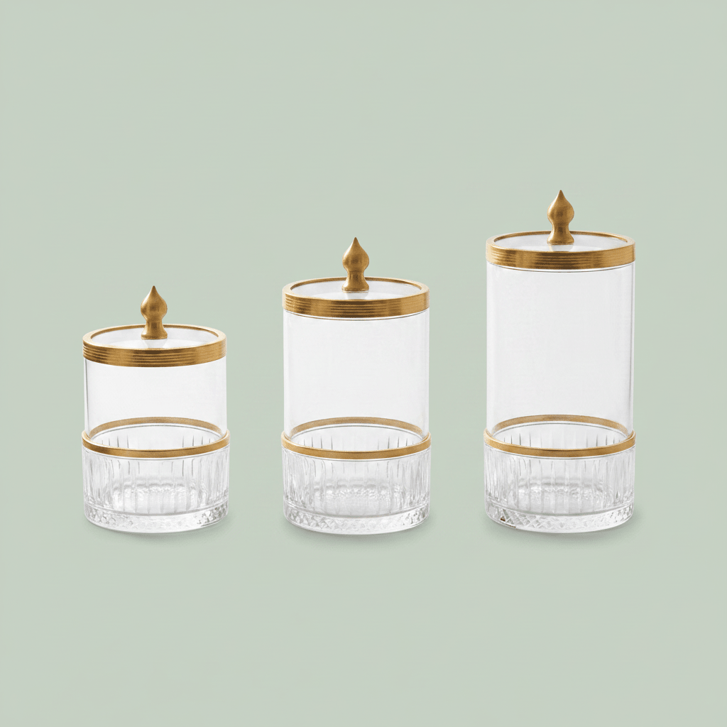 Ameco 3 - Piece Clear Crystal Glass Canister Set with Gold Lid | Premium Storage Jars for Kitchen, Vanity & Home Décor 13*16*19cm - Al Kabayel Discount CentreAmeco 3 - Piece Clear Crystal Glass Canister Set with Gold Lid | Premium Storage Jars for Kitchen, Vanity & Home Décor 13*16*19cmJars & Food SaversAMECOAl Kabayel Discount Centre