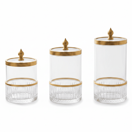 Ameco 3 - Piece Clear Crystal Glass Canister Set with Gold Lid | Premium Storage Jars for Kitchen, Vanity & Home Décor 13*16*19cm - Al Kabayel Discount CentreAmeco 3 - Piece Clear Crystal Glass Canister Set with Gold Lid | Premium Storage Jars for Kitchen, Vanity & Home Décor 13*16*19cmJars & Food SaversAMECOAl Kabayel Discount Centre