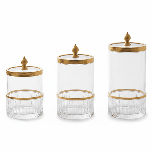 Ameco 3 - Piece Clear Crystal Glass Canister Set with Gold Lid | Premium Storage Jars for Kitchen, Vanity & Home Décor 13*16*19cm - Al Kabayel Discount CentreAmeco 3 - Piece Clear Crystal Glass Canister Set with Gold Lid | Premium Storage Jars for Kitchen, Vanity & Home Décor 13*16*19cmJars & Food SaversAMECOAl Kabayel Discount Centre