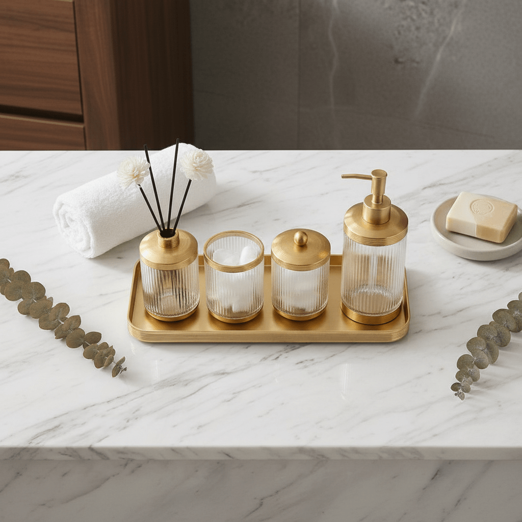 Ameco 4 - Piece Ribbed Clear Glass & Gold Bathroom Accessory Set - Al Kabayel Discount CentreAmeco 4 - Piece Ribbed Clear Glass & Gold Bathroom Accessory SetOrganizers & AccessoriesAMECOAl Kabayel Discount Centre