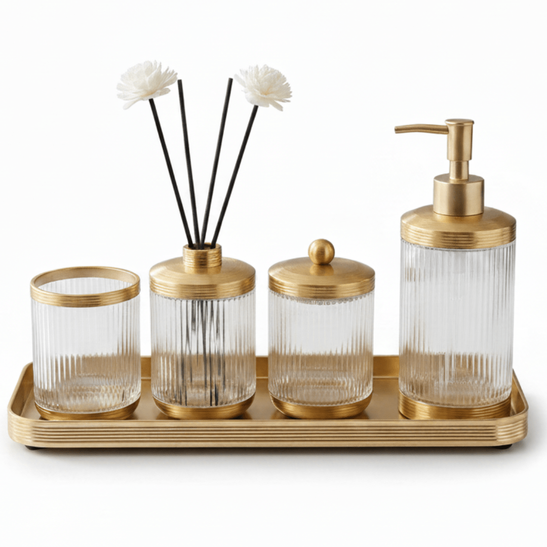 Ameco 4 - Piece Ribbed Clear Glass & Gold Bathroom Accessory Set - Al Kabayel Discount CentreAmeco 4 - Piece Ribbed Clear Glass & Gold Bathroom Accessory SetOrganizers & AccessoriesAMECOAl Kabayel Discount Centre