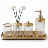 Ameco 4 - Piece Ribbed Clear Glass & Gold Bathroom Accessory Set - Al Kabayel Discount CentreAmeco 4 - Piece Ribbed Clear Glass & Gold Bathroom Accessory SetOrganizers & AccessoriesAMECOAl Kabayel Discount Centre