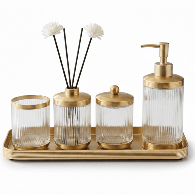 Ameco 4 - Piece Ribbed Clear Glass & Gold Bathroom Accessory Set - Al Kabayel Discount CentreAmeco 4 - Piece Ribbed Clear Glass & Gold Bathroom Accessory SetOrganizers & AccessoriesAMECOAl Kabayel Discount Centre