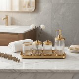 Ameco 4 - Piece Ribbed Clear Glass & Gold Bathroom Accessory Set - Al Kabayel Discount CentreAmeco 4 - Piece Ribbed Clear Glass & Gold Bathroom Accessory SetOrganizers & AccessoriesAMECOAl Kabayel Discount Centre