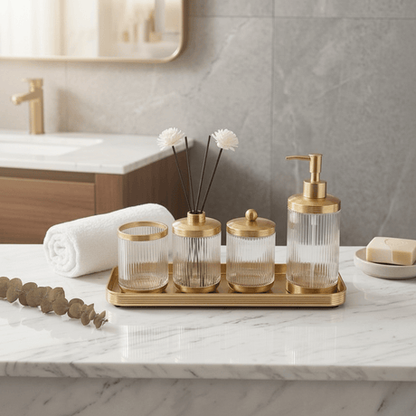 Ameco 4 - Piece Ribbed Clear Glass & Gold Bathroom Accessory Set - Al Kabayel Discount CentreAmeco 4 - Piece Ribbed Clear Glass & Gold Bathroom Accessory SetOrganizers & AccessoriesAMECOAl Kabayel Discount Centre