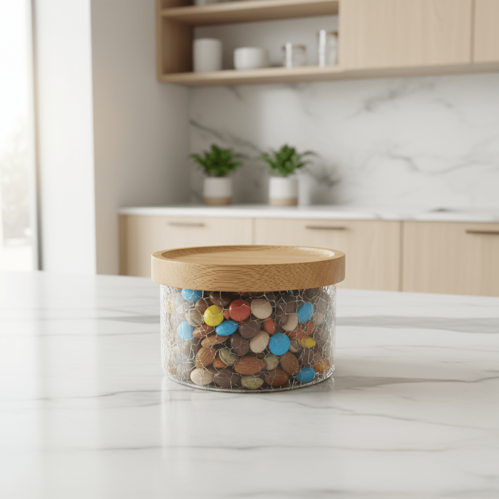 Ameco Crackle Glass Canister with Bamboo Wooden Lid – 180ml | - Al Kabayel Discount CentreAmeco Crackle Glass Canister with Bamboo Wooden Lid – 180ml |Jars & Food SaversAMECOAl Kabayel Discount Centre