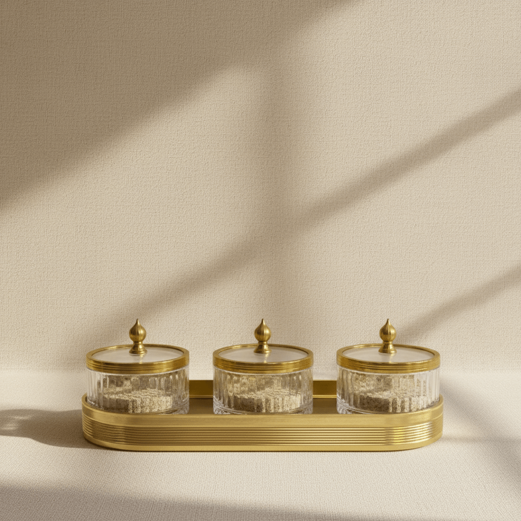 Ameco Luxury 3 - Piece Clear Glass Canister Set with Gold Lids & Serving Tray | 6.5*3cm 35*15cm - Al Kabayel Discount CentreAmeco Luxury 3 - Piece Clear Glass Canister Set with Gold Lids & Serving Tray | 6.5*3cm 35*15cmJars & Food SaversAMECOAl Kabayel Discount Centre