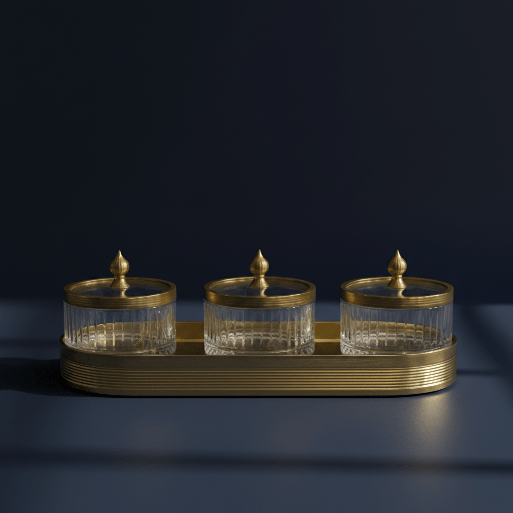 Ameco Luxury 3 - Piece Clear Glass Canister Set with Gold Lids & Serving Tray | 6.5*3cm 35*15cm - Al Kabayel Discount CentreAmeco Luxury 3 - Piece Clear Glass Canister Set with Gold Lids & Serving Tray | 6.5*3cm 35*15cmJars & Food SaversAMECOAl Kabayel Discount Centre