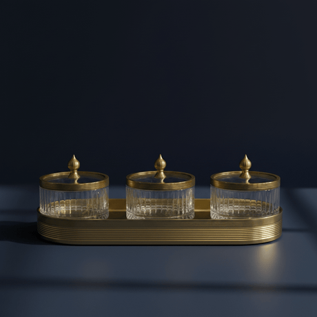 Ameco Luxury 3 - Piece Clear Glass Canister Set with Gold Lids & Serving Tray | 6.5*3cm 35*15cm - Al Kabayel Discount CentreAmeco Luxury 3 - Piece Clear Glass Canister Set with Gold Lids & Serving Tray | 6.5*3cm 35*15cmJars & Food SaversAMECOAl Kabayel Discount Centre