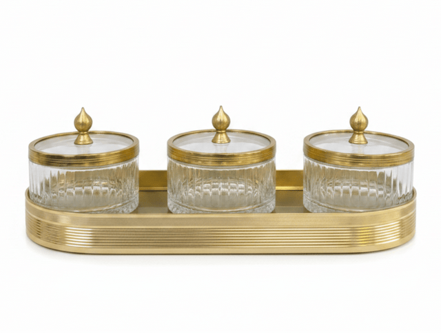 Ameco Luxury 3 - Piece Clear Glass Canister Set with Gold Lids & Serving Tray | 6.5*3cm 35*15cm - Al Kabayel Discount CentreAmeco Luxury 3 - Piece Clear Glass Canister Set with Gold Lids & Serving Tray | 6.5*3cm 35*15cmJars & Food SaversAMECOAl Kabayel Discount Centre