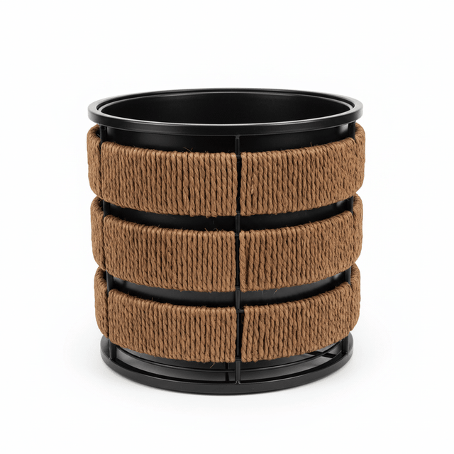 Amin Brown & Black Round Planter Pot with Seagrass Weave & Black Metal Frame - 26×26 cm - Al Kabayel Discount CentreAmin Brown & Black Round Planter Pot with Seagrass Weave & Black Metal Frame - 26×26 cmFlower VaseAMINAl Kabayel Discount Centre