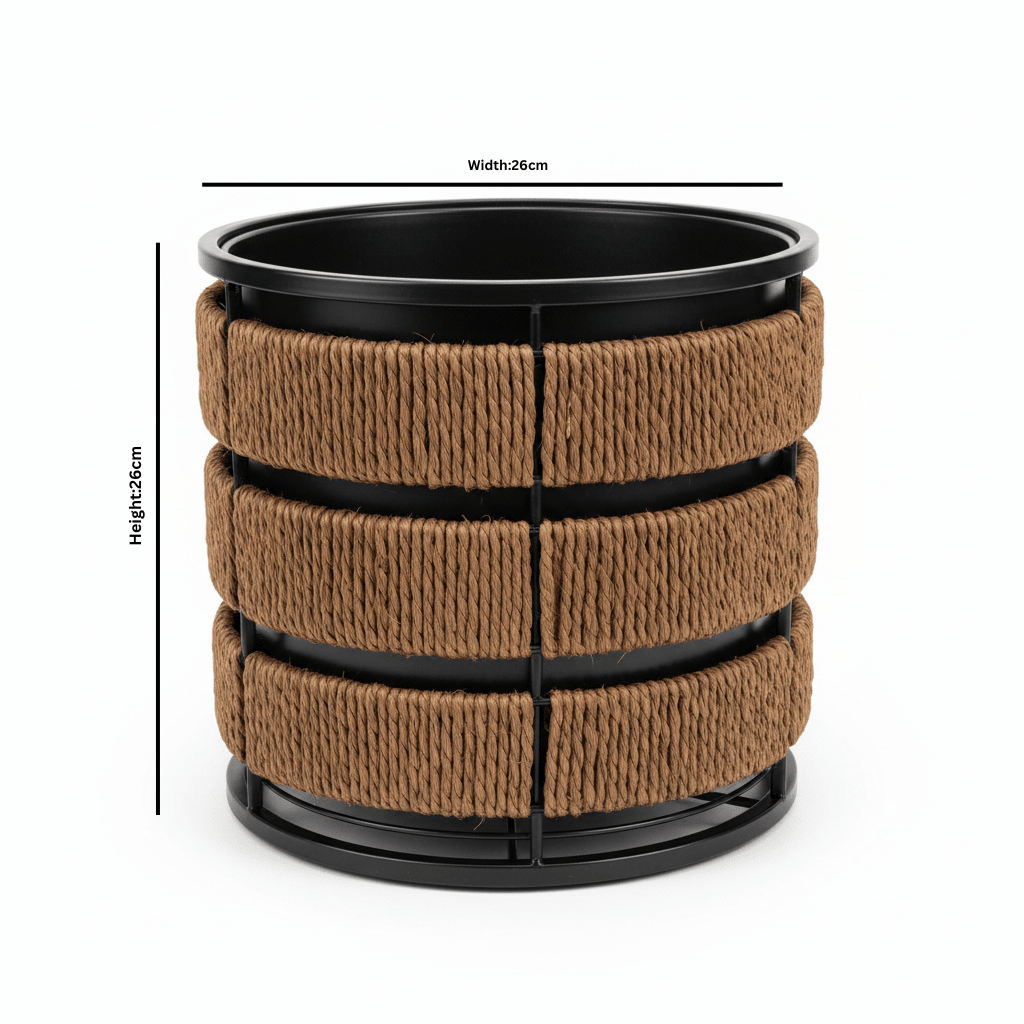 Amin Brown & Black Round Planter Pot with Seagrass Weave & Black Metal Frame - 26×26 cm - Al Kabayel Discount CentreAmin Brown & Black Round Planter Pot with Seagrass Weave & Black Metal Frame - 26×26 cmFlower VaseAMINAl Kabayel Discount Centre