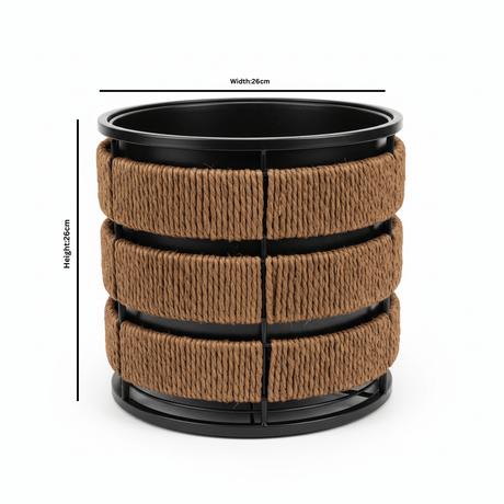 Amin Brown & Black Round Planter Pot with Seagrass Weave & Black Metal Frame - 26×26 cm - Al Kabayel Discount CentreAmin Brown & Black Round Planter Pot with Seagrass Weave & Black Metal Frame - 26×26 cmFlower VaseAMINAl Kabayel Discount Centre