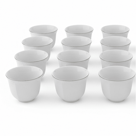 Angela 12pcs White Ceramic Cawa Coffee Cup Set with Elegant Silver Rim Finish 80ml Premium Small Arabic Espresso Style Cups for Tea and Coffee Serving - Al Kabayel Discount CentreAngela 12pcs White Ceramic Cawa Coffee Cup Set with Elegant Silver Rim Finish 80ml Premium Small Arabic Espresso Style Cups for Tea and Coffee ServingTea SetsANGELAAl Kabayel Discount Centre