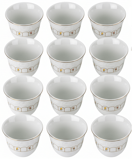 Angela 12pcs White Ceramic Cawa Cup Set with Golden Rim and Floral Design Elegant 80ml Mini Cups for Arabic Coffee Espresso and Traditional Serving Use - Al Kabayel Discount CentreAngela 12pcs White Ceramic Cawa Cup Set with Golden Rim and Floral Design Elegant 80ml Mini Cups for Arabic Coffee Espresso and Traditional Serving UseTea SetsANGELAAl Kabayel Discount Centre