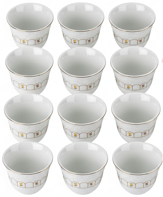 Angela 12pcs White Ceramic Cawa Cup Set with Golden Rim and Floral Design Elegant 80ml Mini Cups for Arabic Coffee Espresso and Traditional Serving Use - Al Kabayel Discount CentreAngela 12pcs White Ceramic Cawa Cup Set with Golden Rim and Floral Design Elegant 80ml Mini Cups for Arabic Coffee Espresso and Traditional Serving UseTea SetsANGELAAl Kabayel Discount Centre