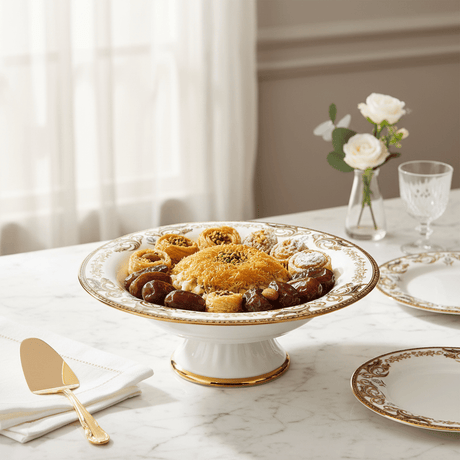 Angela AB - 143 Ceramic Pedestal Bowl – 31 cm – White with Gold Rim - Al Kabayel Discount CentreAngela AB - 143 Ceramic Pedestal Bowl – 31 cm – White with Gold RimServing TraysANGELAAl Kabayel Discount Centre