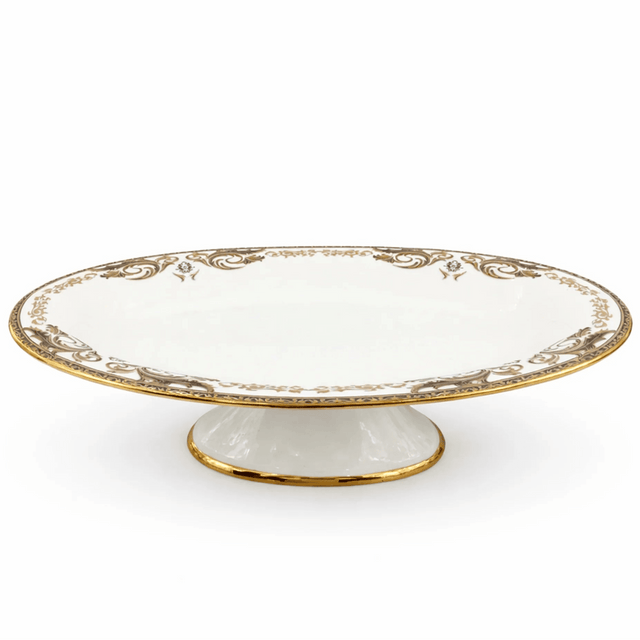 Angela AB - 145 Ceramic Oval Pedestal Bowl with Stand – 38 × 23 cm – White with Gold Detailing - Al Kabayel Discount CentreAngela AB - 145 Ceramic Oval Pedestal Bowl with Stand – 38 × 23 cm – White with Gold DetailingServing TraysANGELAAl Kabayel Discount Centre