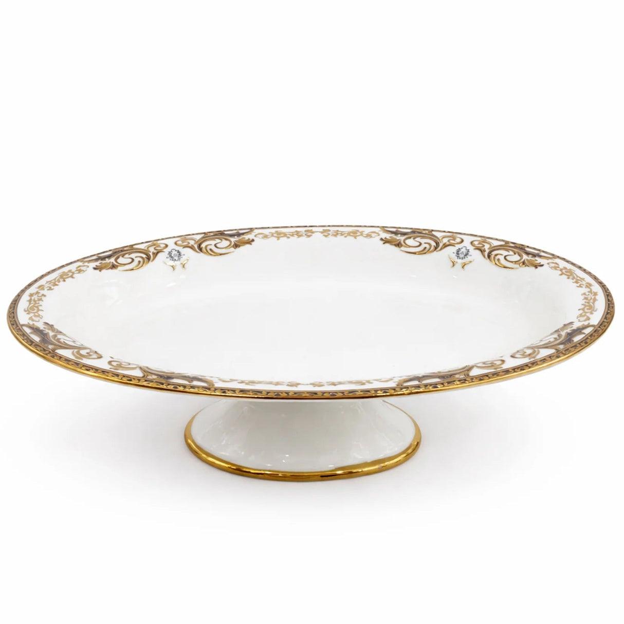 Angela AB - 146 Ceramic Oval Pedestal Bowl with Stand – 33 × 20 cm – White with Gold Detailing - Al Kabayel Discount CentreAngela AB - 146 Ceramic Oval Pedestal Bowl with Stand – 33 × 20 cm – White with Gold DetailingServing TraysANGELAAl Kabayel Discount Centre