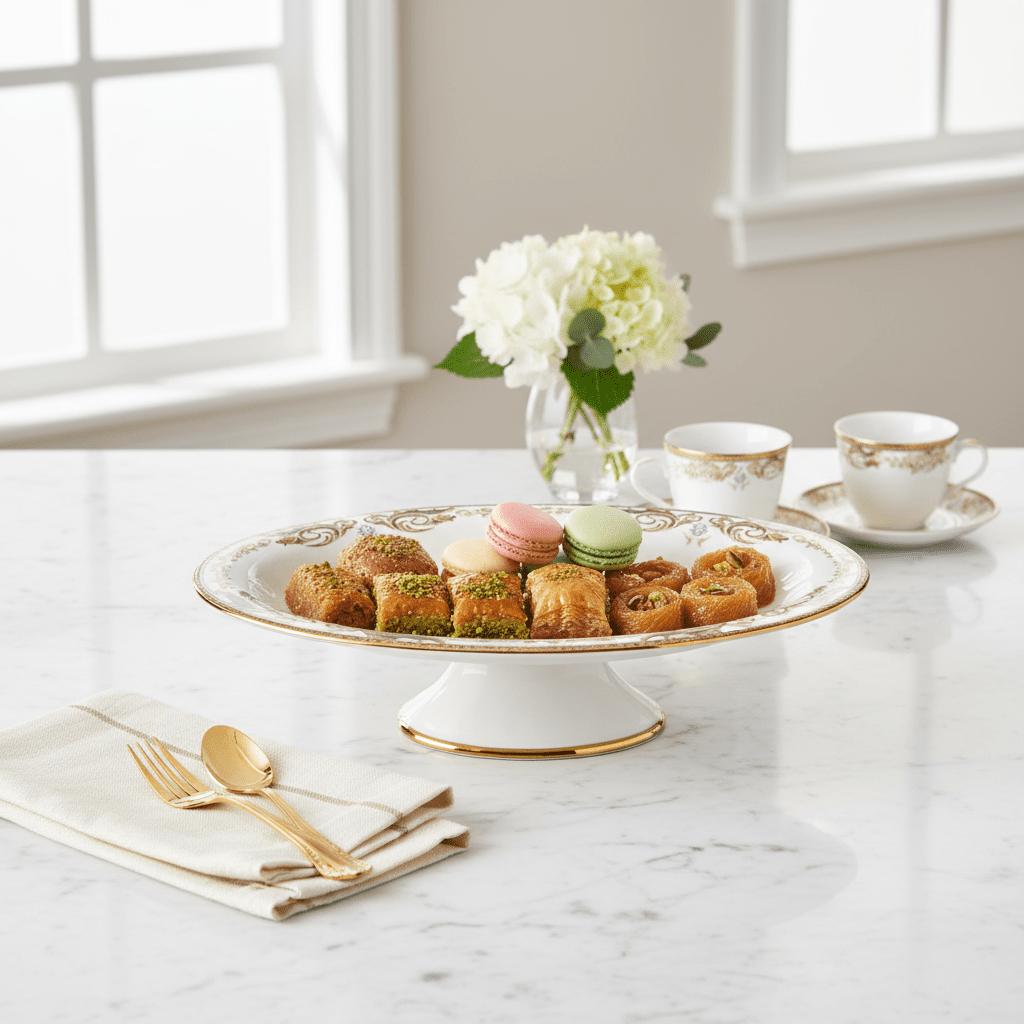 Angela AB - 146 Ceramic Oval Pedestal Bowl with Stand – 33 × 20 cm – White with Gold Detailing - Al Kabayel Discount CentreAngela AB - 146 Ceramic Oval Pedestal Bowl with Stand – 33 × 20 cm – White with Gold DetailingServing TraysANGELAAl Kabayel Discount Centre