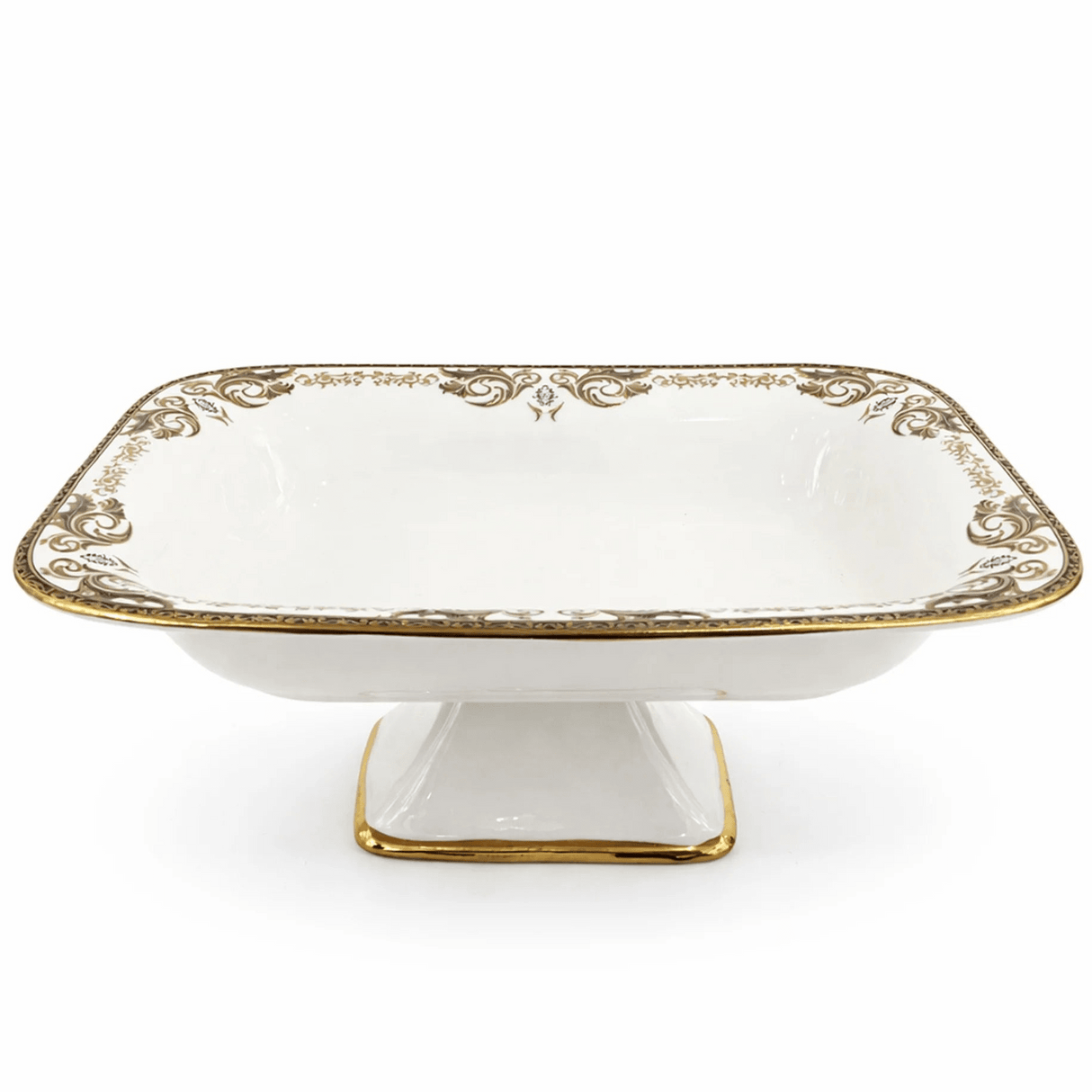 Angela AB - 149 Ceramic Square Pedestal Platter with Stand – 36 × 25 cm – White with Gold Detailing - Al Kabayel Discount CentreAngela AB - 149 Ceramic Square Pedestal Platter with Stand – 36 × 25 cm – White with Gold DetailingServing TraysANGELAAl Kabayel Discount Centre