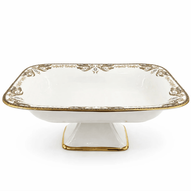 Angela AB - 149 Ceramic Square Pedestal Platter with Stand – 36 × 25 cm – White with Gold Detailing - Al Kabayel Discount CentreAngela AB - 149 Ceramic Square Pedestal Platter with Stand – 36 × 25 cm – White with Gold DetailingServing TraysANGELAAl Kabayel Discount Centre