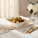 Angela AB - 149 Ceramic Square Pedestal Platter with Stand – 36 × 25 cm – White with Gold Detailing - Al Kabayel Discount CentreAngela AB - 149 Ceramic Square Pedestal Platter with Stand – 36 × 25 cm – White with Gold DetailingServing TraysANGELAAl Kabayel Discount Centre