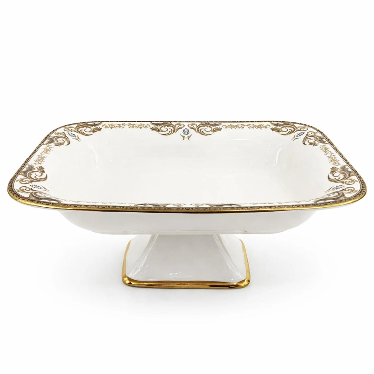 Angela AB - 150 Ceramic Square Pedestal Bowl with Stand – 31 × 22 cm – White with Gold Detailing - Al Kabayel Discount CentreAngela AB - 150 Ceramic Square Pedestal Bowl with Stand – 31 × 22 cm – White with Gold DetailingServing TraysANGELAAl Kabayel Discount Centre