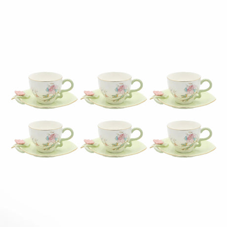Angela BRD-434 Milk Cup with Saucer Set – 12 Pieces – Mint Green Floral Design with Gold Rim - Al Kabayel Discount CentreAngela BRD-434 Milk Cup with Saucer Set – 12 Pieces – Mint Green Floral Design with Gold RimTea SetsANGELAAl Kabayel Discount Centre
